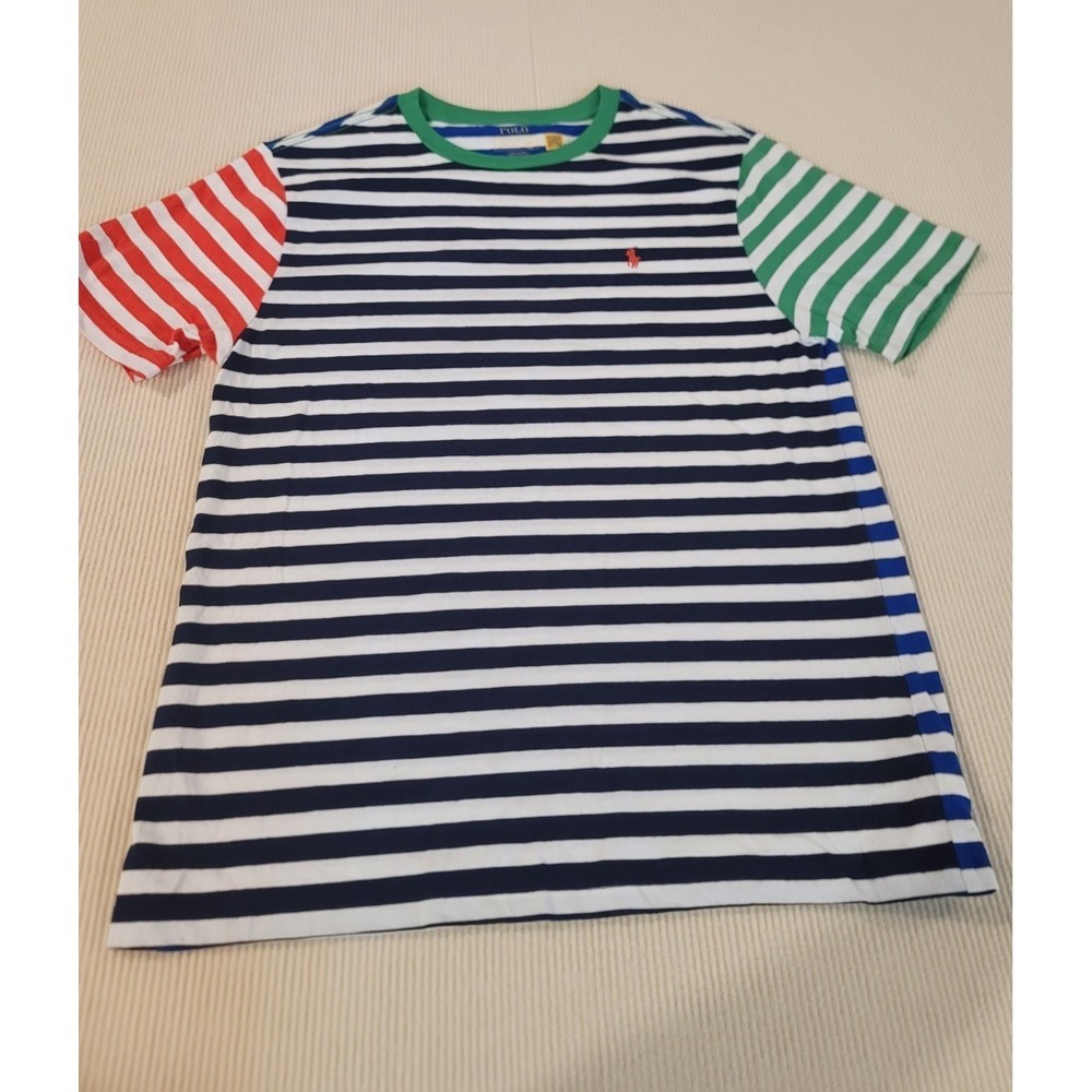 Boys Polo Ralph Lauren T-Shirt Size Large Stripes Green and Red colored Sleeves